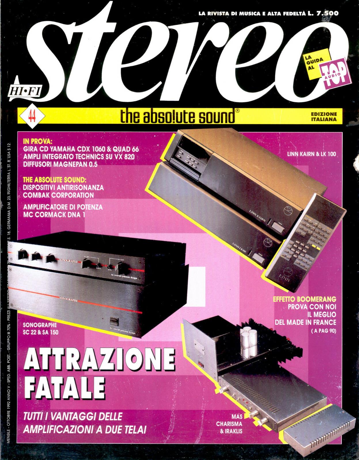 STEREO ANNO V N° 044 OTTOBRE 1992 YAMAHA – QUAD – TECHNICS – MAGNEPAN