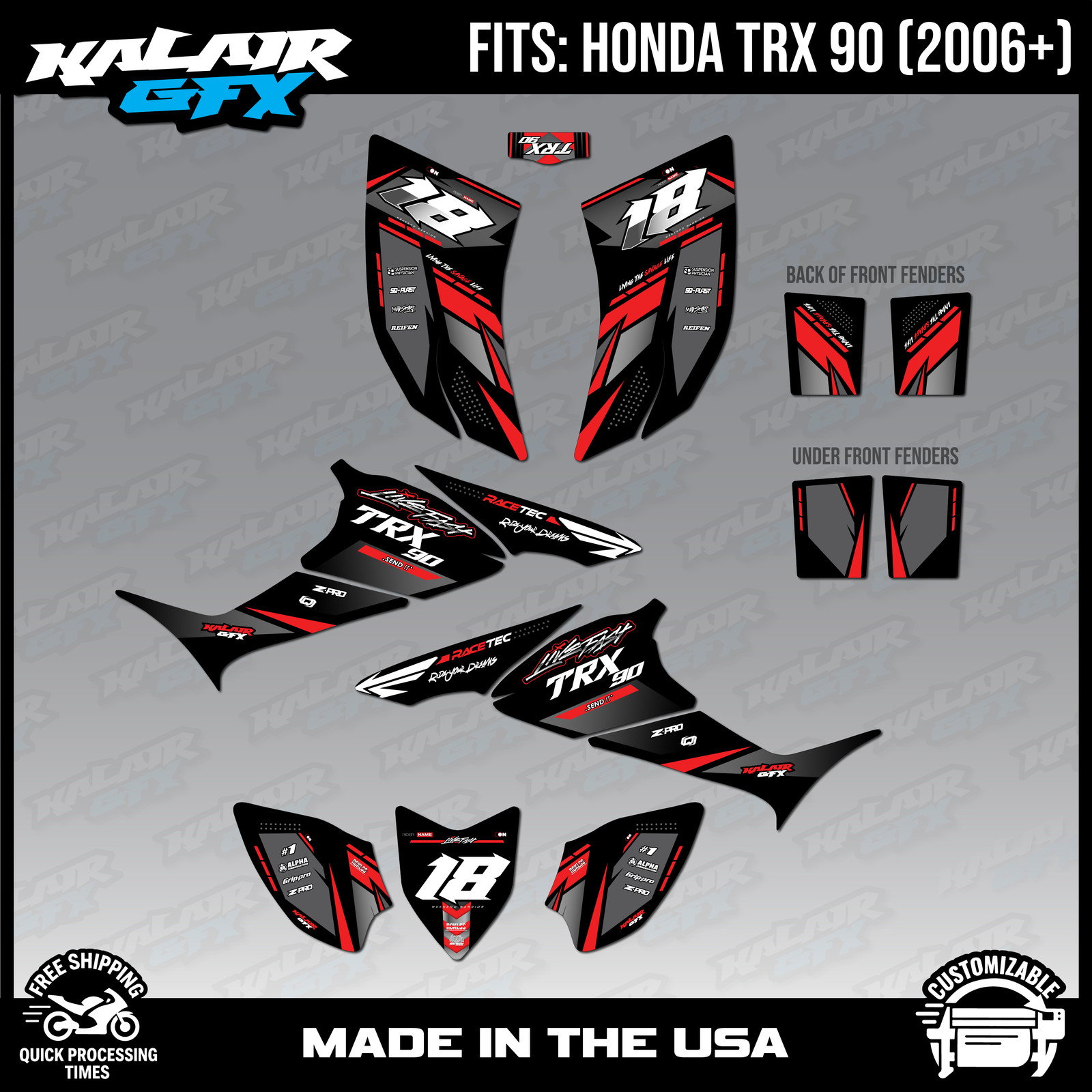 Graphics Kit for HONDA TRX 90 (2006+) TRX90 16 MIL Rebel Series – Red