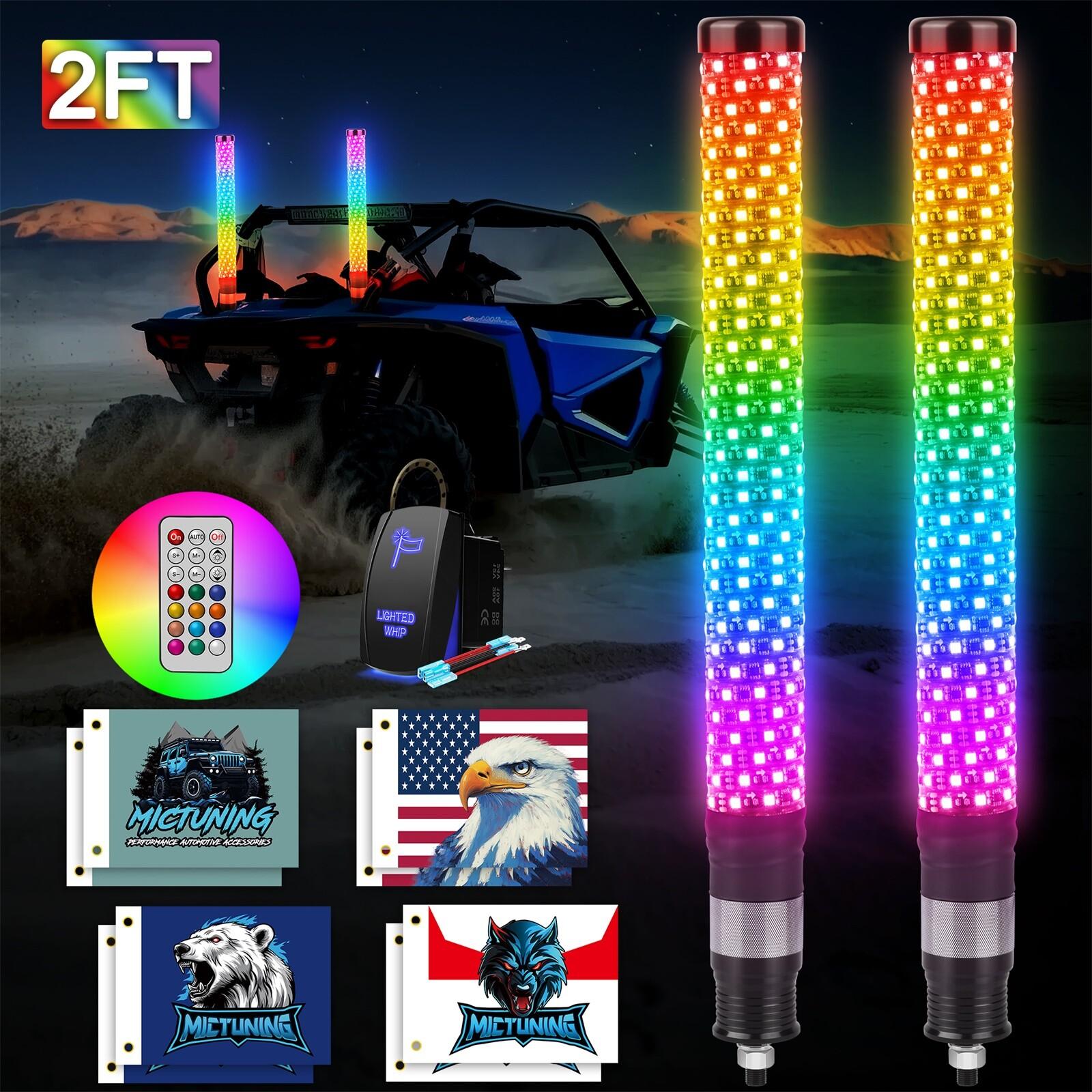 2PCS 2FT Spiral LED Fat Whip Lights Antenna RGB+IC Chasing For Can-am X3 UTV ATV