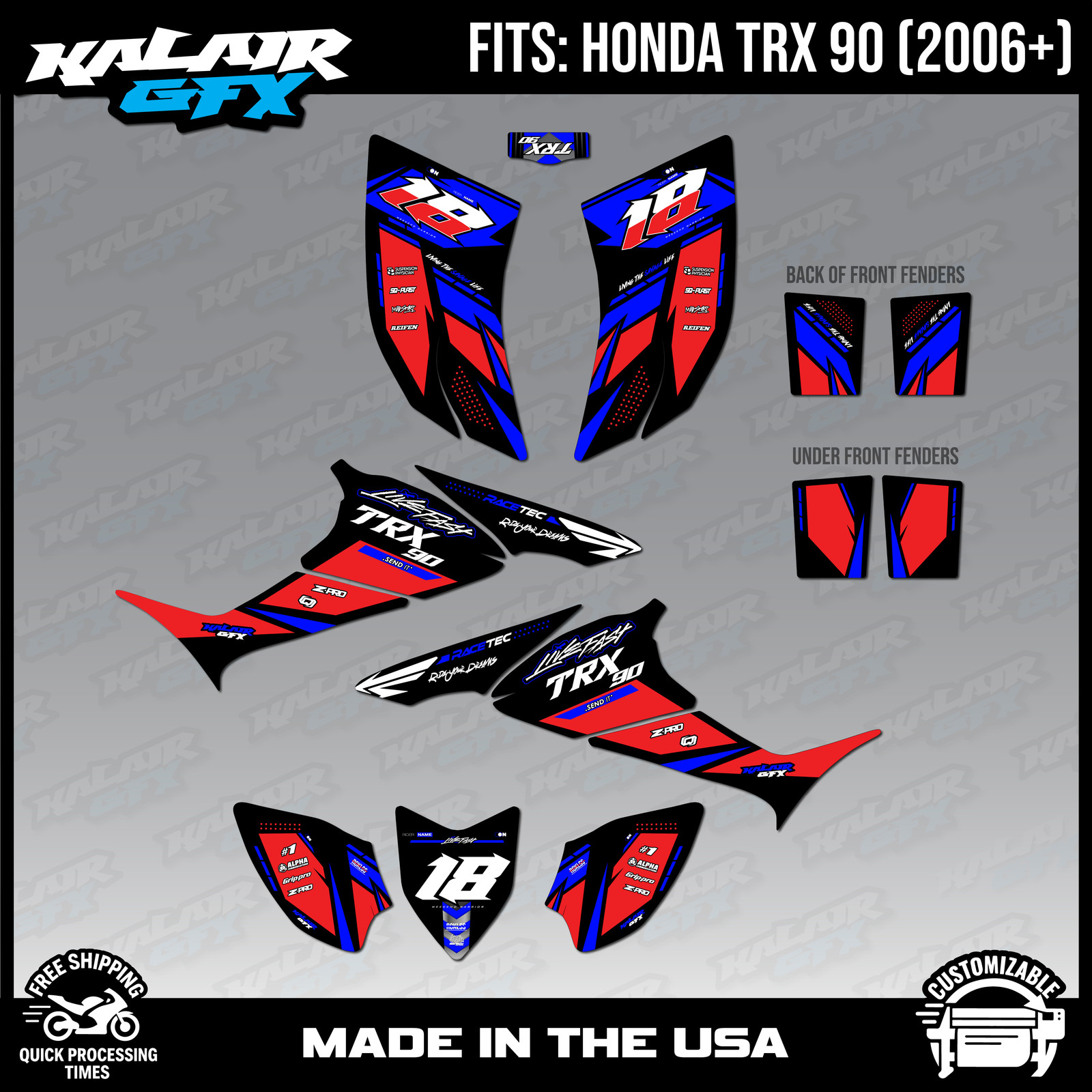 Graphics Kit for HONDA TRX 90 (2006+) TRX90 16 MIL Rebel Series – Blue Shift