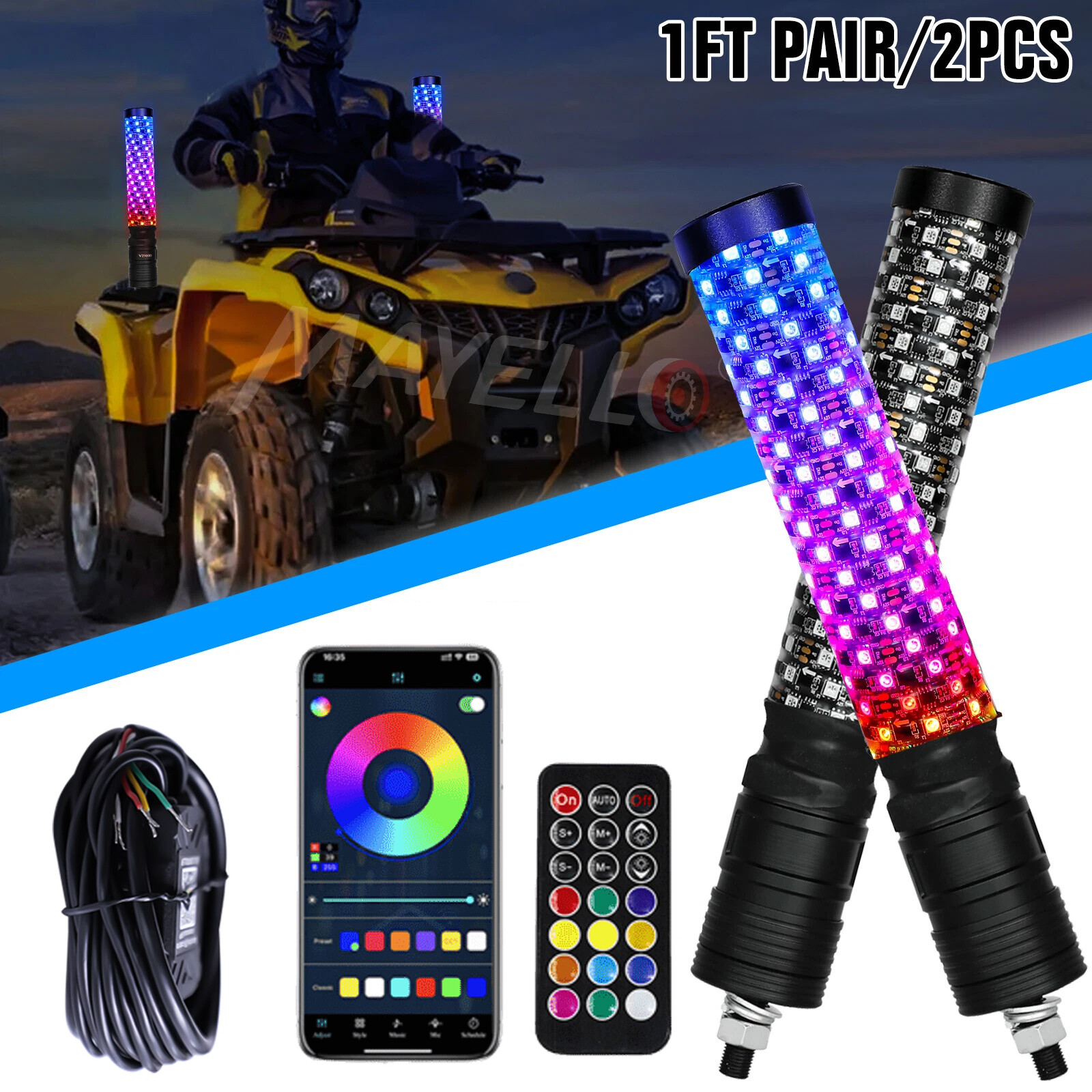 2PCS 1~3FT Spiral LED Fat Whip Light Antenna RGB Chasing For Can-am RZR UTV ATV