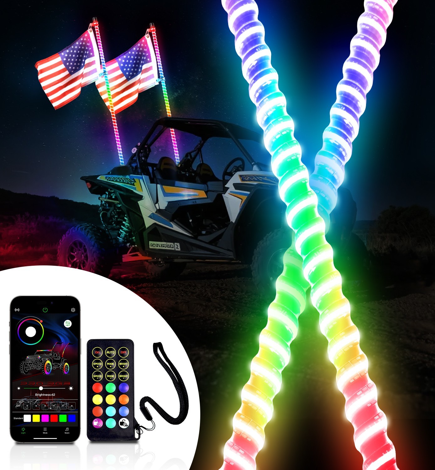 2FT-6FT COB LED Whip Light Spiral Antenna RGB Chasing for Can Am Polaris ATV UTV