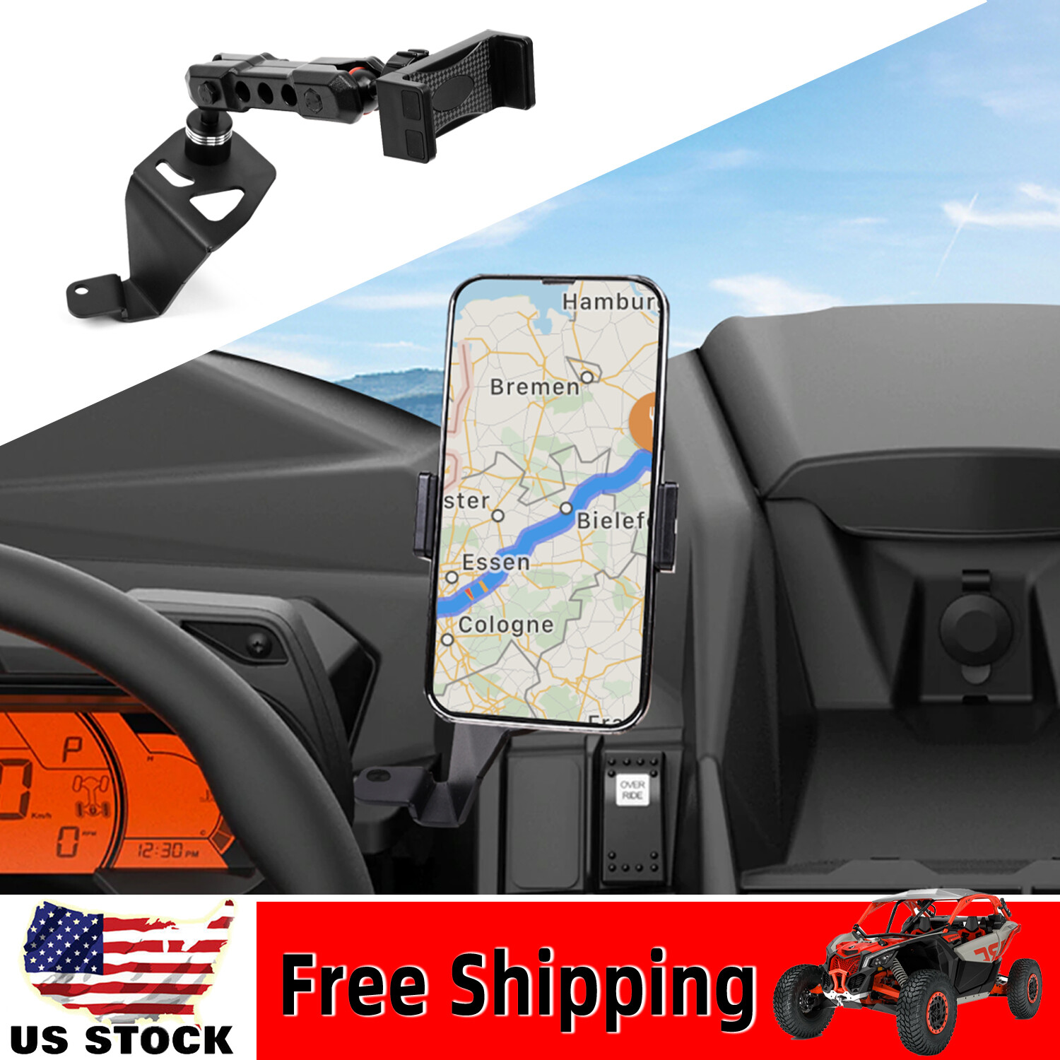 1x UTV Middle-drawing Phone Mount Cell Phone Holder For Can-Am Maverick X3 2017+