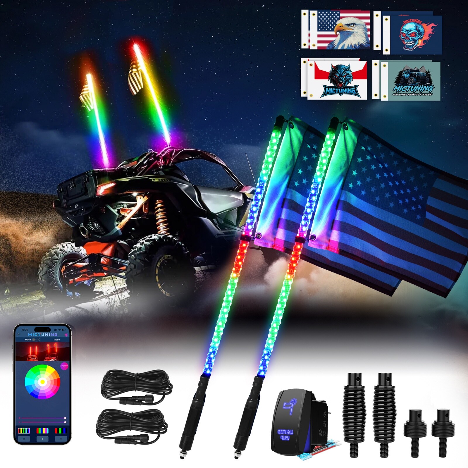 MICTUNING 2Pc 3FT RGB LED Whip Lights Antenna Chasing Flags for CanAm X3 UTV ATV