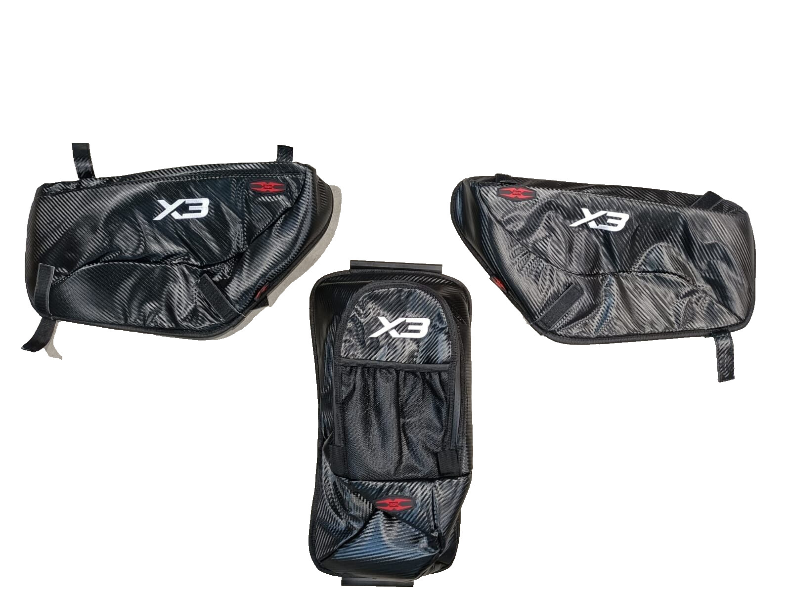 Can am Maverick X3 Side Doors Bags & Seat  Bag Carbon Style White X3 Logo 3 pcs