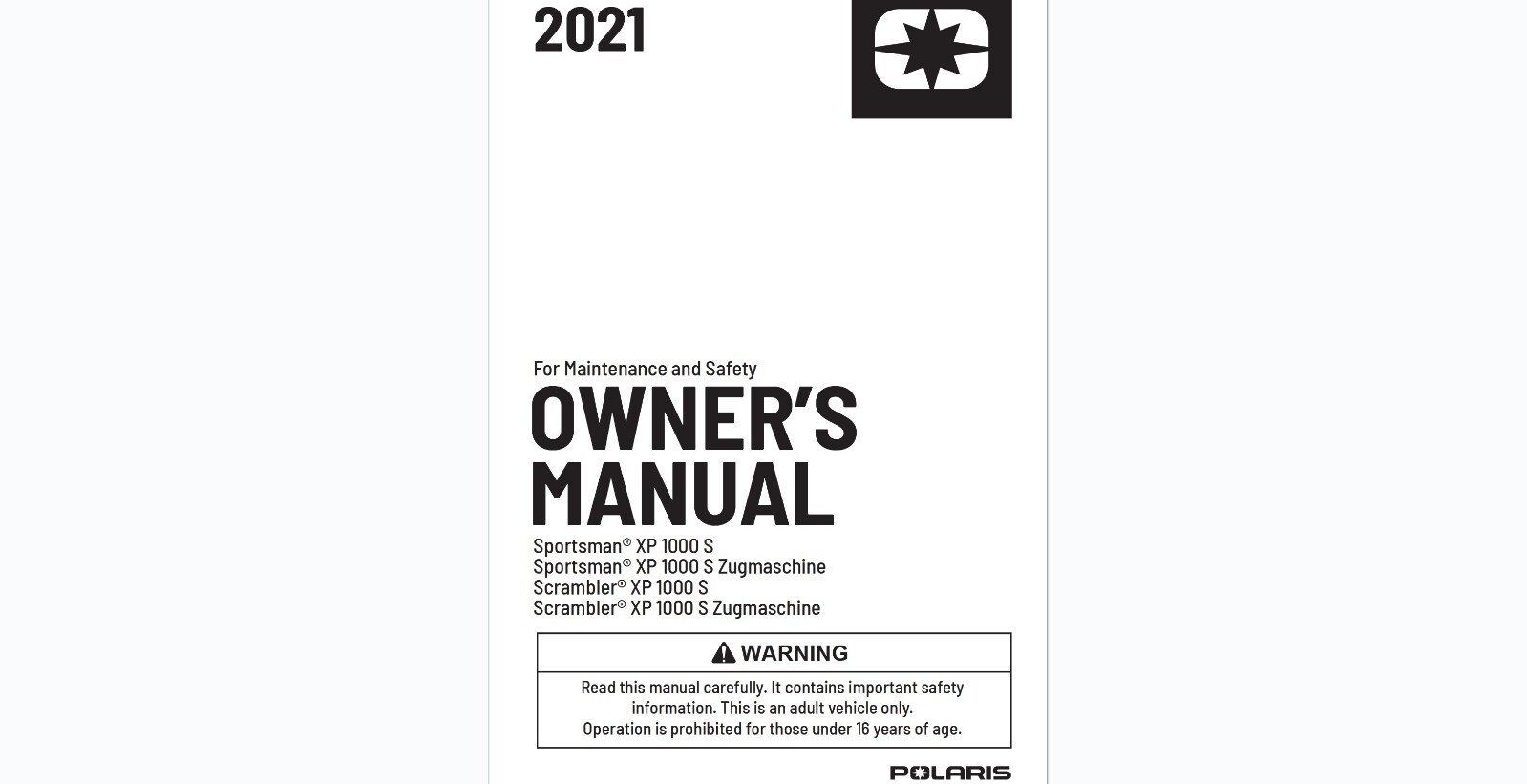 2021 Polaris Sportsman and Scrambler XP 1000 S and XP 1000 S Zugmaschine Manual