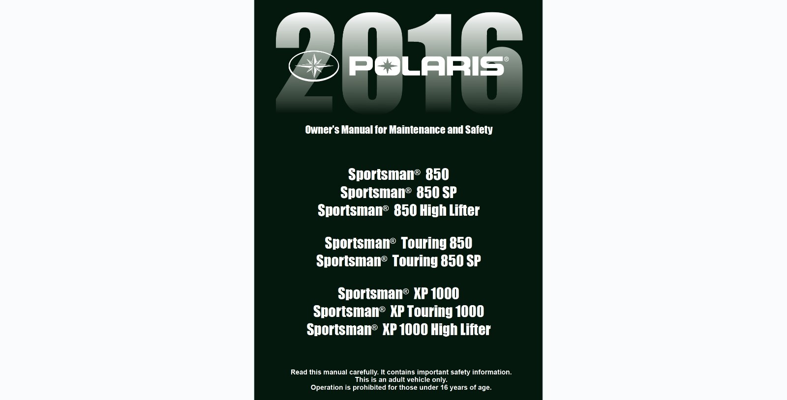 2016 Polaris Sportsman 850 SP High Lifter Touring XP 1000 ATV Owner’s manual