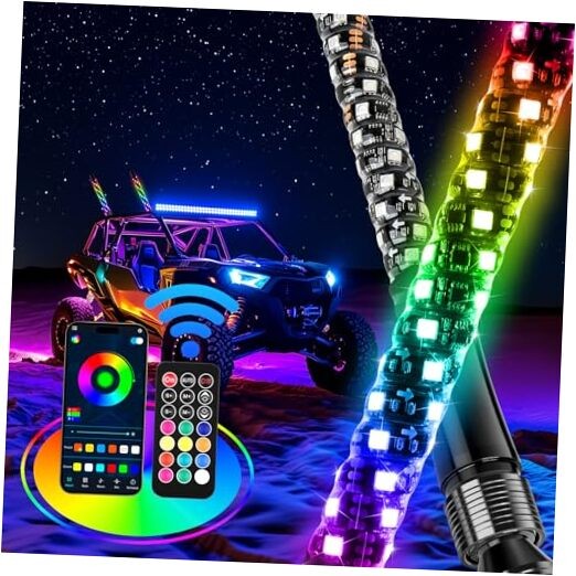 RGB LED Whip Lights for UTV ATV, 2Pcs 1FT Spiral Whip Lights for 2pack-1FT
