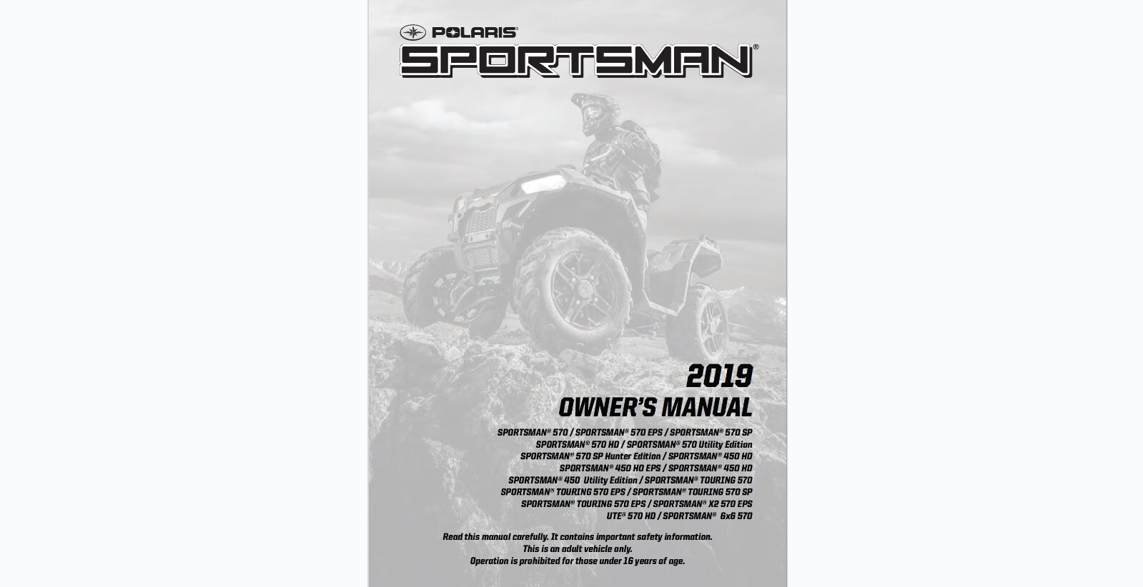 2019 Polaris Sportsman 450 and 570 several models see 2nd image Owner’s manual