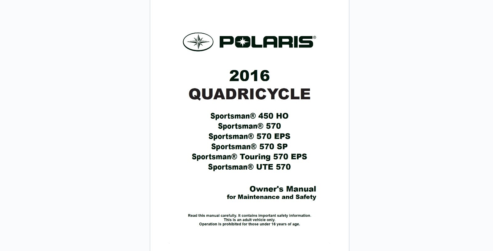 2016 Polaris Sportsman 450 570 EPS SP Touring UTE HO ATV Owner’s manual