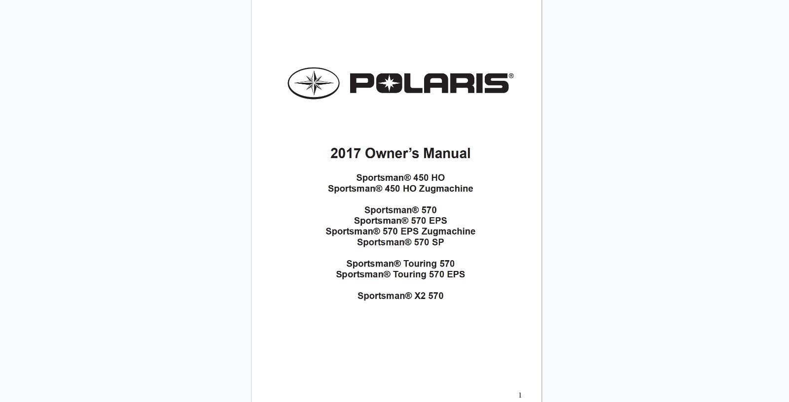 2017 Polaris Sportsman 450 570 HO EPS X2 SP Zugmaschine Touring Owner’s manual