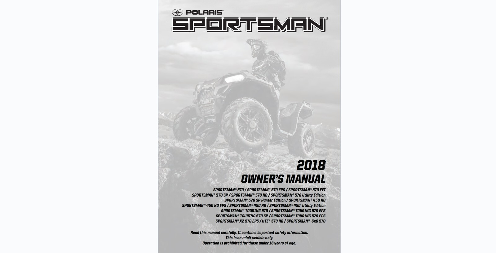 2018 Polaris Sportsman 450 and 570 several models see 2nd image Owner’s manual