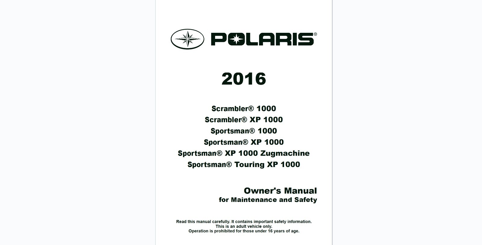 2016 Polaris Scrambler Sportsman Zugmaschine 1000 XP 1000 XP Touring 1000 manual