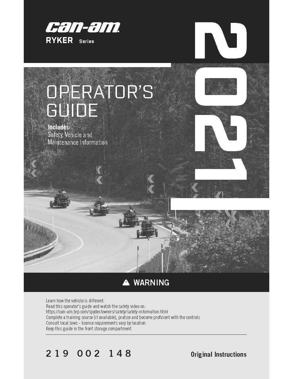Can Am Owners Manual Book Guide 2021 Ryker 900.