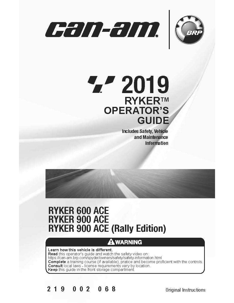 Can Am Owners Manual Book 2019 RYKER 600 ACE & RYKER 900 ACE.